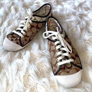 Coach Poppy Zorra Khaki Brown Signature Multicolor Tattersall Sneakers Size 8.5